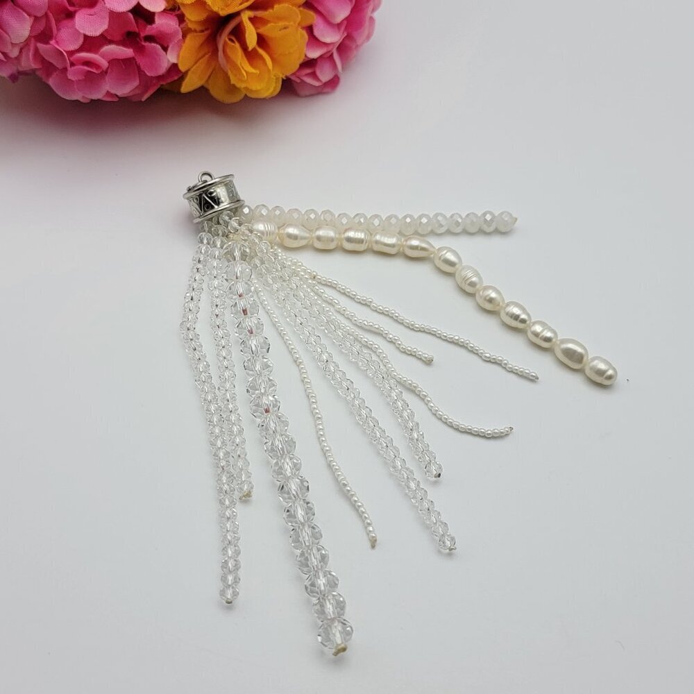 White Pearl And Glass Tassel Pendant Silver Tone 5 Inch